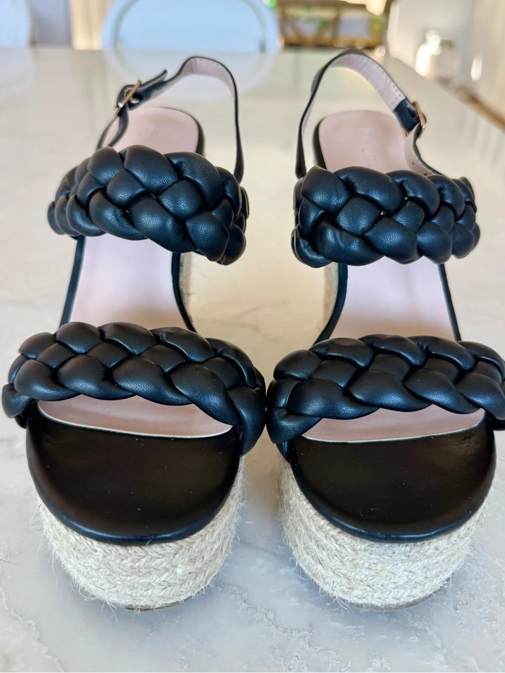 Coutgo Braided Strap Black Wedge Espadrille Sandals - Black size 6